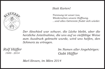 Traueranzeige von Rolf Hüffer von Medienhaus Bauer